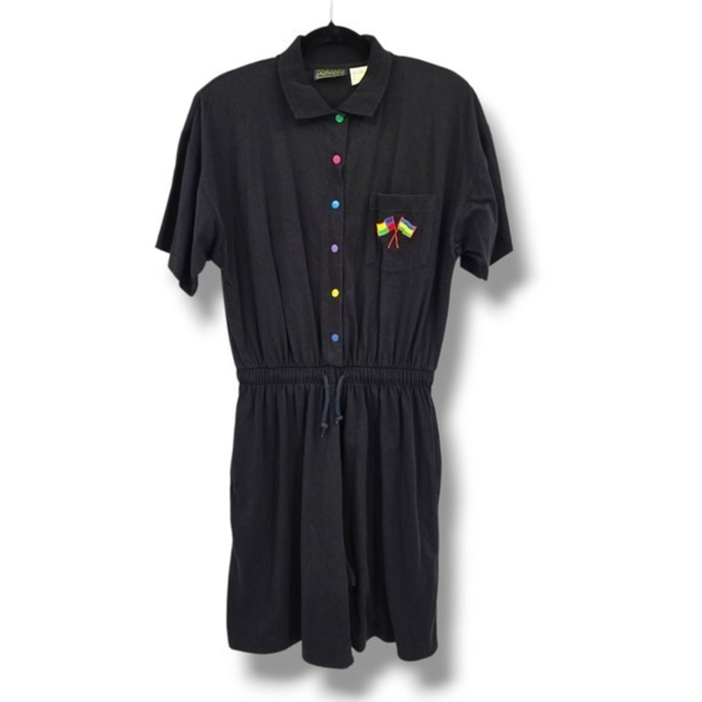 Vintage ABVIEN Rainbow Button Romper‎ Dress Pride Flags Black Drawstring Waist L